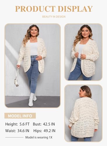 Image of Eytino Womens Plus Size Crochet Cardigan Sweater Long Sleeve Hollow Out Open Front Cardigans Outwear(1X-5X)