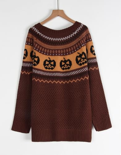 Image of Women's Fair Isle Sweaters Long Sleeve Crew Neck Loose Casual Halloween Pullover Sweater Brown X-Large