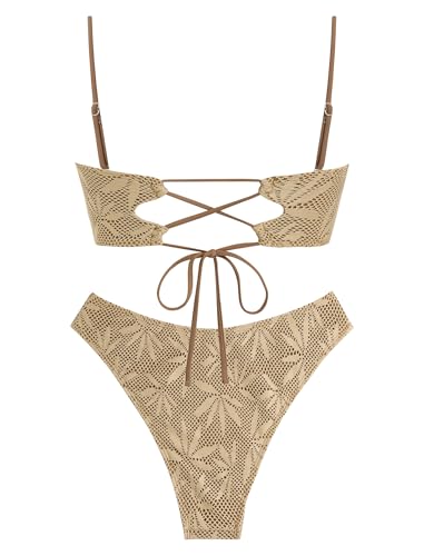 Image of ZAFUL Women Strapless Textured Bandeau Bikini 2 Piece Swimwear Cheeky Solid Lace up Bathing Suits