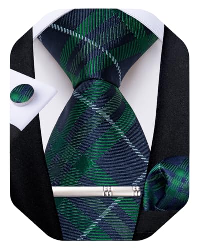 Image of DiBanGu Mens Tie Silk Plaid Striped Necktie and Pocket Square Cufflinks Tie Clip Set with Gift Box Formal Wedding Party