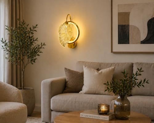 Image of Modern Gold LED Wall Light with Decorative Leaf Design, 3in1 Colour Change Wall Sconce, Metal & Glass Wall Lamp Ideal for Bedroom, Living Room, Hallway, Dining Room, Home Decor