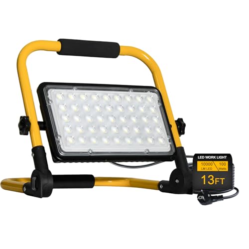 Foco de Trabajo LED 100W,10000LM Foco LED Portátil con Cable de 4M 6500K Luz Blanca de Construcción, Exteriores Impermeable IP66 Soporte plegable para Obra, Taller, Garaje