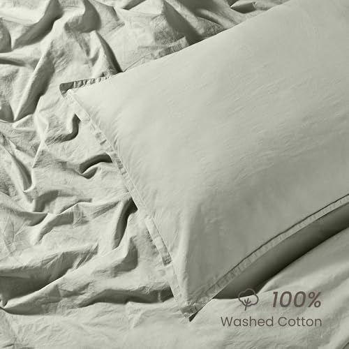 BIOWEAVES 100% Organic Washed Cotton Percale Weave Twin Duvet Cover Set | GOTS Certified Twin/Twin XL Duvet Cover & 1 Pillow Sham – 66x90 inches, Sage - Thumbnail 2
