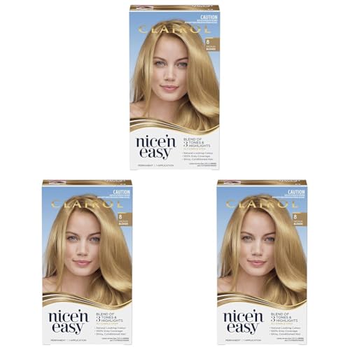 Clairol Nice 'N Easy Permanent Hair Colour 8 Medium Blonde, 100 Percent Grey Coverage, Natural Looking Hair Colour (Pack of 3)