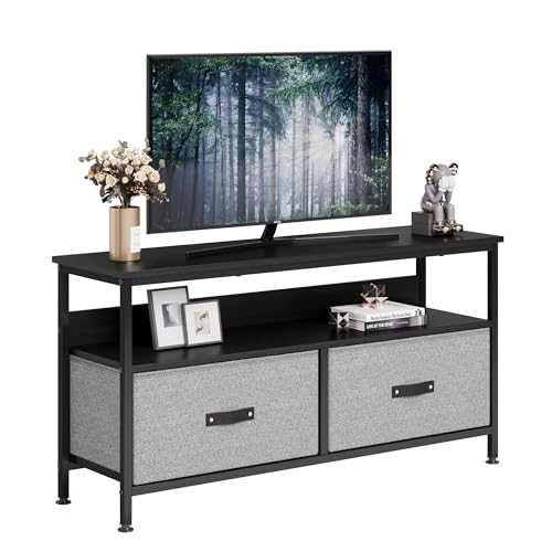 TV Unit, TV Stand Cabinet up to 50, Wooden TV Cabinet Media Entertainment Center with 2 Foldable Fabric Drawers & Open Shelves, W99 x H57 x D30 cm Modern TV Stand for Living Room Bedroom - black