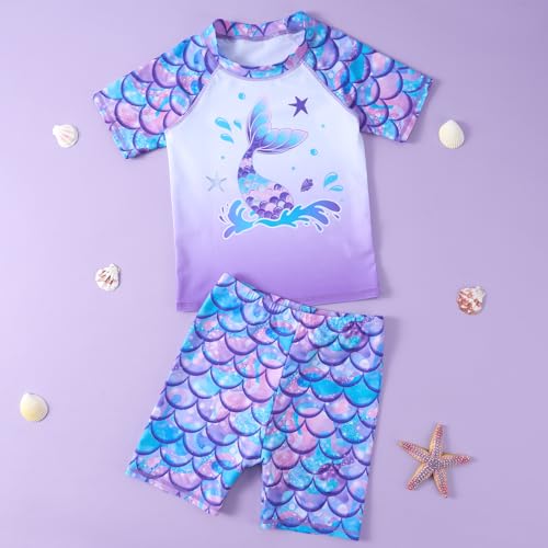 Image of WAWSAM 2 Pieces Girls Rash Guard Toddler Swimsuit Girl Swimsuit Short Sleeve Bathing Suit for 3-6 Years