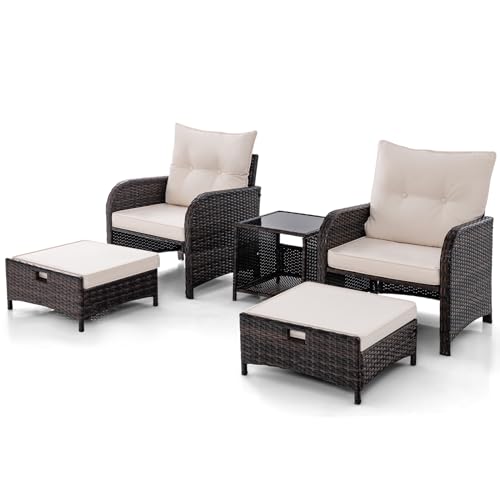 GYMAX Juego de Muebles de Patio de 5 Piezas, Acogedor Juego de Sofá De Patio con 2 Otomanas, 2 Sillas, Mesa de Centro, Cojín, Juego de Muebles de Ratán para Exteriores, Balcón, Porche, Beige
