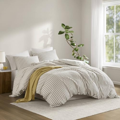 Image of Madison Park Linen Cotton Rayon Blend Duvet Cover Set, 3PC Queen | Striped Design, Lightweight & Breathable Bedding with Shams, Tan