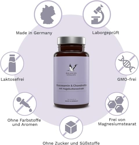 Glucosamin & Chondroitin Kapseln - 1400mg Glucosamin, 1200 mg Chondroitin, 80 mg Vitamin C pro Tagesdosis - 180 Kapseln für 2 Monate - laborgeprüft - Balanced Vitality