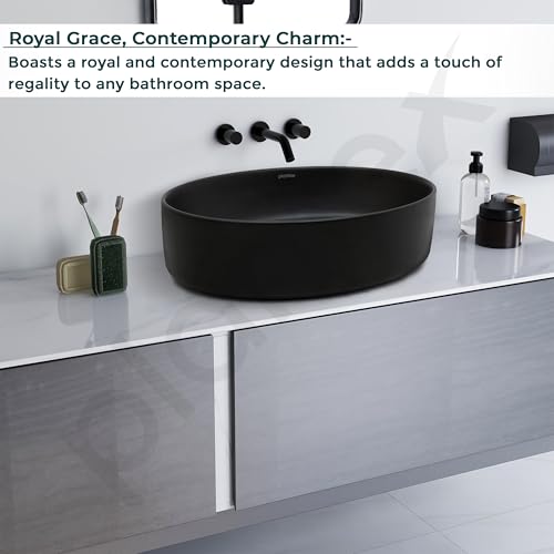 Image of Plantex Ceramic Washbasin for Bathroom /Countertop Bathroom Basin /Oval Tabletop Wash Basin for Office /Restaurant (Charcoal Black - 21.5 x 16 x 5 Inch)