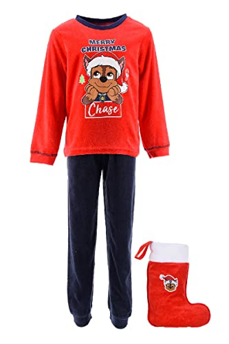 Paw Patrol Pijamas para Niño, Camiseta y Pantalon Largo Conjunto 2 Piezas para Niño, Diseño Chase Pijama Polar Rojo, Incluye Calcetin Navideño, Regalo Niños | Talla 3 Años - Rojo