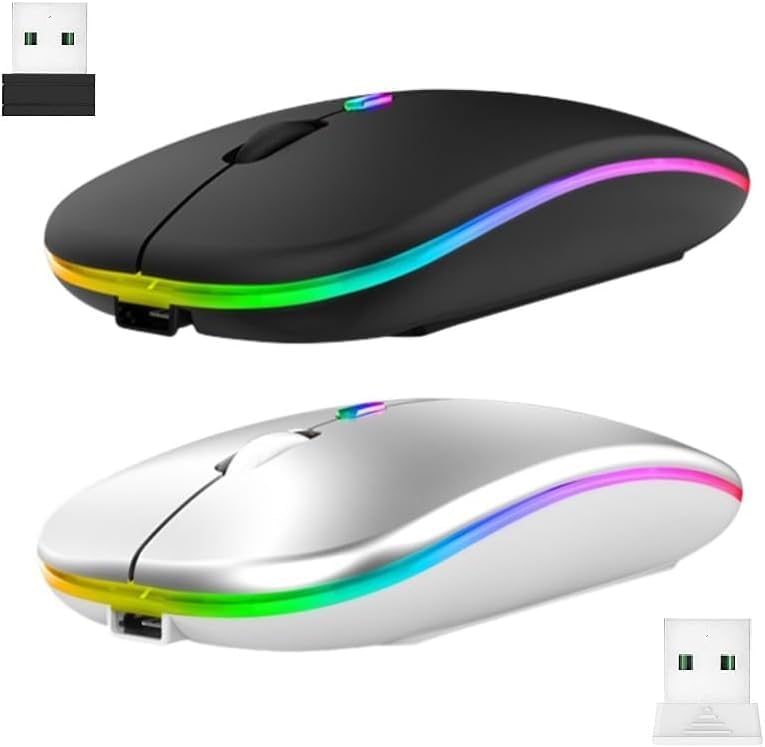 Miniatura 2 de Ratón inalámbrico delgado y silencioso Bluetooth ratón+receptor USB, mouse inalámbrico con retroiluminación RGB, mouse inalámbrico, recargable y sin