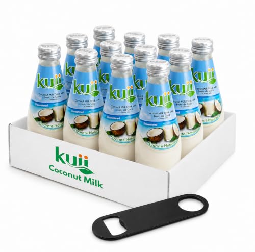 Coconut Milk Drink – Kuii Original Coconut Flavor With Nata de Coco Bits - Includes a Bottle Cap Opener – Fun & Fruity Tropical Hydration, 12-Pack Glass Bottles, 9.8 Fl Oz
