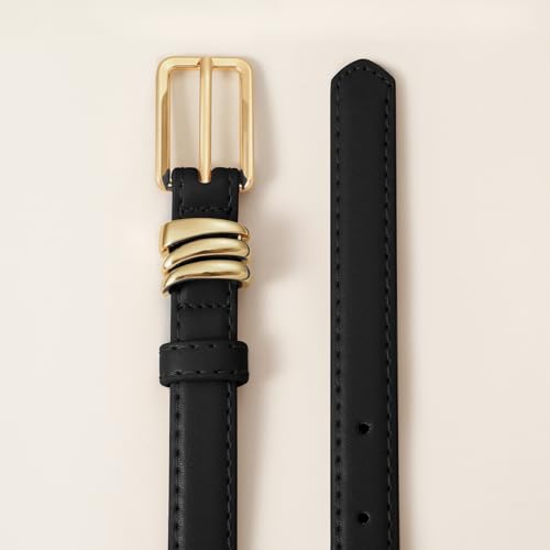 XZQTIVE Women Skinny Leather Belt Ladies Black Thin Waist Belt for Dresses Jeans Pants with Gold Buckle and Metal Loops2