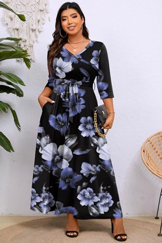 Image of Runwind Plus Size Dress for Women - 3 /4 Sleeve V Neck Maxi Dresses for Women (XL-6XL)