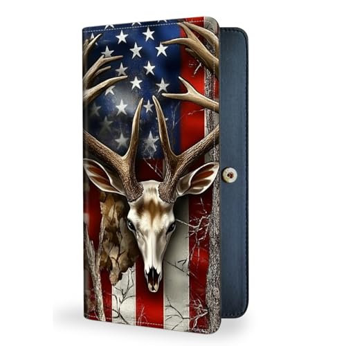 Womens Wallet,RFID Blocking Credit Card Slim Thin Holder,Long Bifold PU Leather Card Organizer,Cash Clutch Billfold Pocket Ladies Minimalist Travel Wallets,American Skull Deer Flag