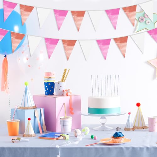 Image of 65FT Rose-Gold Pink Glitter Triangle Pennant Banner Flag Metallic Bunting Fabric Garland for Christmas Graduation Wedding Engagement Anniversary Bachelorette Bridal Shower Valentine's Party Supplies
