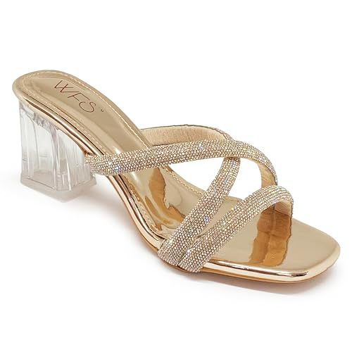 WFS Women’s Stylish Golden Party Wear Block Heel Sandals with Tra...