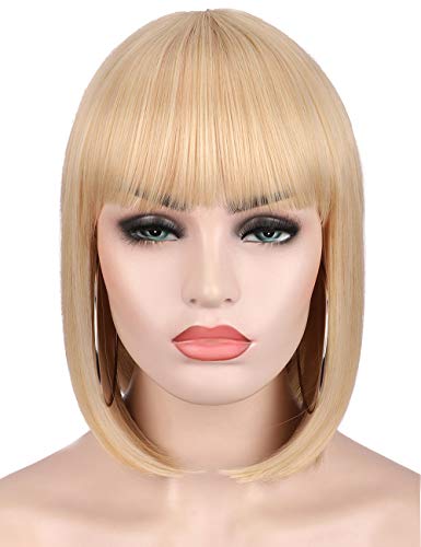 Kalyss 12'' Short Straight Bob Wigs with Hair Bangs for Women Heat Resistant Soft and Natural Luster Yaki Synthetic Hair Blonde Wigs