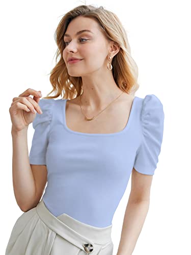 Image of Shasmi Women's & Girl's Polyester Pleated High Neck Short Puff Sleeve Ruched Bust Solid Regular Fit Top