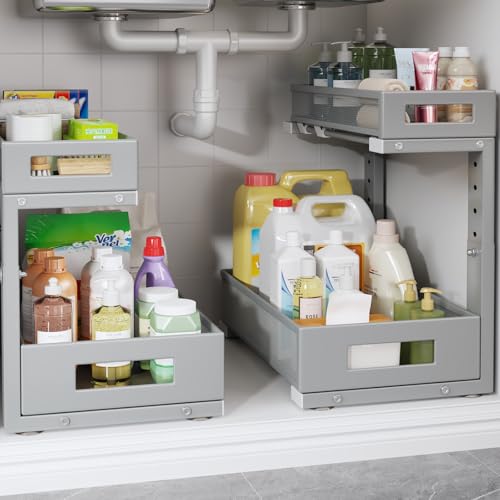 Image of 2-Pack Under Sink Storage Organizer, Large 2-Tier Elegant Mesh Pull Out Shelf for Kitchen and Bathroom Cabinet Organization, L-Shaped and Adjustable Height Design-Gun Gray