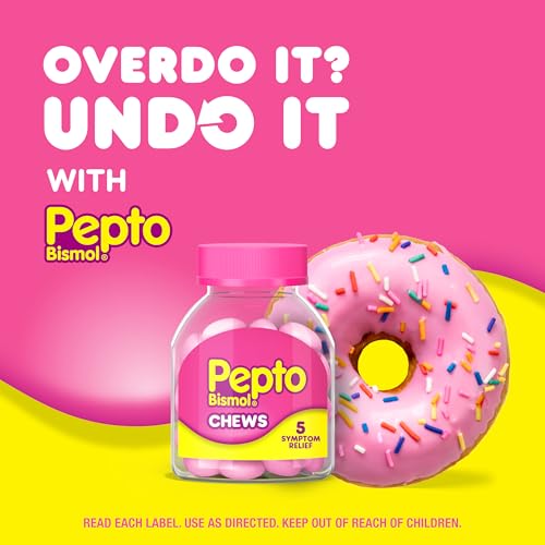 Image of Pepto Bismol Chews, Upset Stomach Relief, Nausea Relief, Heartburn Relief, Indigestion Relief, Anti Diarrhea Medication for Adults - 5 Symptom Fast Relief, 72 Chewable Tablets (3x24 ct)