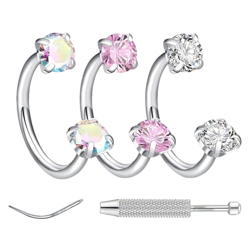 YUZHEDM 3 Piercing Nez Piercing Nez Anneaux pour Piercings Lèvre, Cartilage, Oreille (Conch, Tragus, Helix) Clicker Piercing Nez Anneaux pour Femme Homme,Piercing Helix Septum Anneau Argent (6mm)