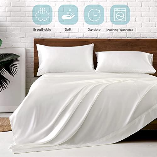 Image of MR&HM Satin Bed Sheets, Queen Size Sheets Set, 4 Pcs Silky Bedding Set with 15 Inches Deep Pocket for Mattress (Queen, Ivory)