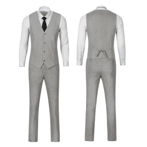 Image of Retro 3 Piece Suit Tweed Herringbone Men's Suits Slim Fit Groom Tuxedos Set Prom Brown Grey Jacket Blazer Vest Pants