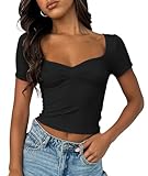 ForeFair Women's Sexy Short Sleeve Going Out Tops Pleated Bustier Shirt Cute Sweetheart Neck Y2K Crop Tee（Black,XS）