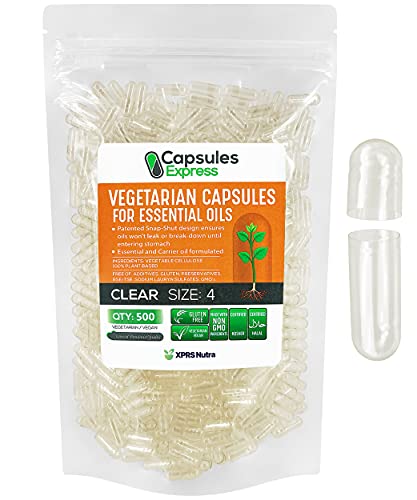 XPRS Nutra Size 4 Empty Vegan Capsules - 500 Count Clear Veggie Capsules for Essential Oils - Empty Vegetable Capsules for Essential Oils - DIY Oil Filling Works with Most Essential Oils