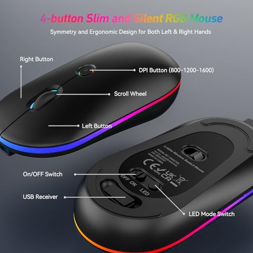 Wireless Keyboard and Mouse Combo With Backlit,2.4G Full Size Ergonomic Keyboard with Light Up Letters,Rechargeable and Slim RGB Mouse,Silent Click For Windows/MAC PC,Laptop,Chromebook,Surface,Macbook