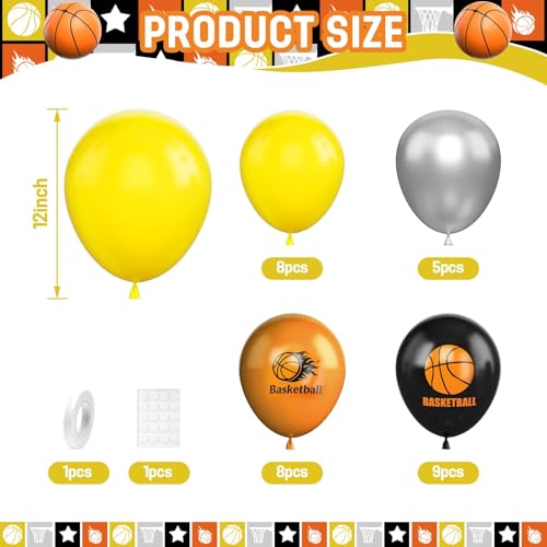 Image of Basketball Balloons, 30 Pcs 12inch Orange Black Metallic Silver and Basketball Printed Latex Balloons for Sport theme Party Boys Birthday Decorations