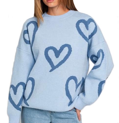 Image of Women Heart Print Knit Pullover Sweater Long Sleeve Round Neck Love Pattern Sweaters Trendy Valentine Knitted Sweater