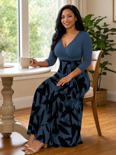 Image of Plus Size Maxi Dress for Women V Neck 3 /4 Sleeve Wrap Dress