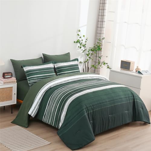 KAKIJUMN 7 Piece Bed in a Bag Stripe Comforter Set Queen Size, White Grey Green Patchwork Striped Comforter and Sheet Set, All Season Soft Microfiber Complete Bedding Sets(Dark Green,Queen)