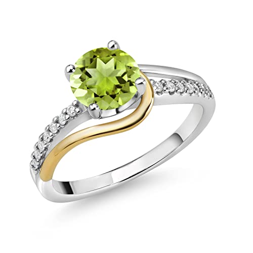 Gem Stone King 925 Sterling Silver and 10K Yellow Gold Round Peridot and White Moissanite Engagement Ring For Women (1.56 Cttw, Round 7MM, Available In Size 5, 6, 7, 8, 9) - Main Image
