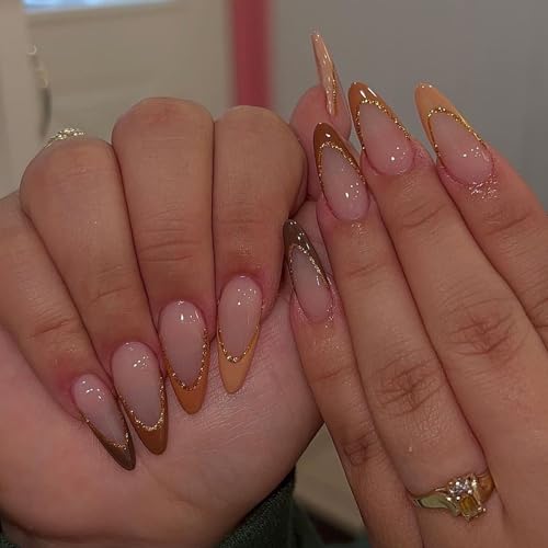 MISUD Press on Nails - Medium Almond Glue on Nails with Fall Brown French Tip, Acrylic Autumn Design 24 pcs