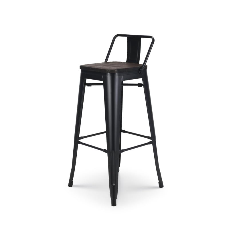Kosmi - Taburete de Bar en Metal Negro Mate y Asiento en Madera Oscura con Respaldo, Silla de Bar Taburete de Metal y Madera Alta Altura 76cm