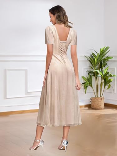 Tea Length Mother of The Bride Dresses Ruffle V Neck Formal Gown Ruched Wedding Guest Dress3