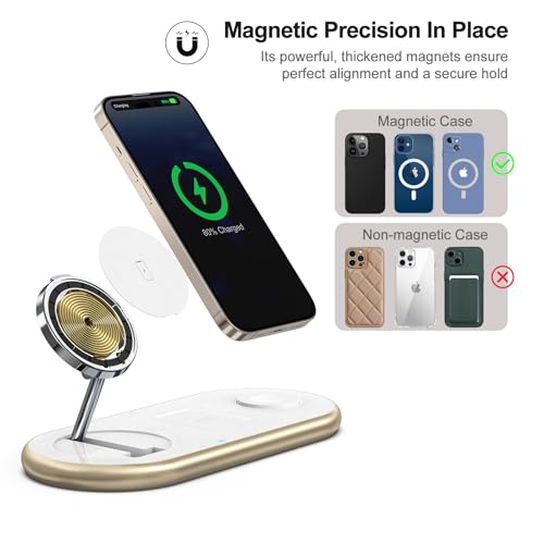 Image of Magnetic Charging Station, 3 in 1 Faster Mag-Safe Wireless Charger Stand, Wireless Charging Pad for Apple Devices, iPhone 17 /16 /15 /14 /13 /12 Series, iWatch Series, AirPods (Golden)