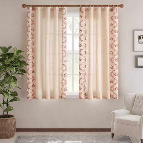 Image of jinchan Floral Linen Curtains 63 Inch Farmhouse Back Tab 2 Panels