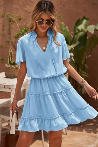 Image of Dokotoo Womens Spring Summer 2025 Short Sleeve Split V Neck Ruffle Chiffon Elegant Mini Short Skirt Dresses