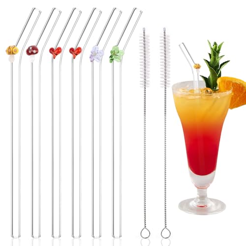 Glass Straws 6 pcs Reusable Straw with 2 pcs Cleaning Brush Bent Clear Glass Drinking Straws with Cute Charms for Smoothie Milk Coffee Coctail Water Juice