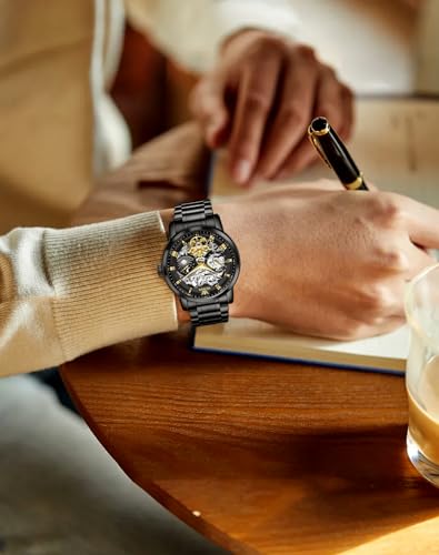 Image of OLEVS Men Automatic Watch Diamond Skeleton Mechanical Luxury Self Winding Moon Phase Calendar Waterproof Wrist Watch for Men
