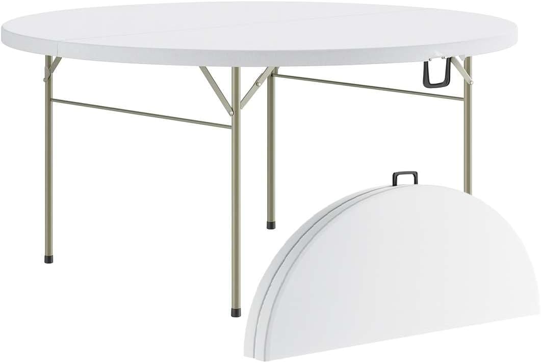 Set of 5, 60" Round Bi-Folding Plastic Folding Table, Granite White Blow Molded Surface with Sage Gray Legs, Commercial-Grade for Banquets, Events, Catering, Indoor/Outdoor Use
