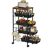 Uwoodia 5-Tier Slim Storage Trolley on Wheels, Metal Kitchen Rolling Cart with Pull-Out Baskets, Wooden Top Narrow Space Utility Cart Slide Out Organizer for Kitchen, Bathroom, Laundry Room, Black