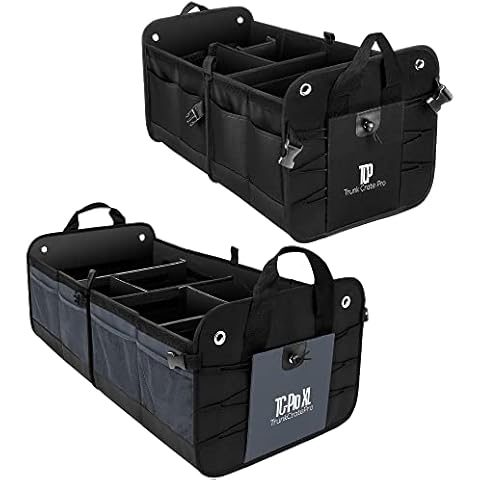 TRUNKCRATEPRO Bundle of 2 collapsible portable multi compartments trunk organizer (1 XL Grey organizer and 1 regular black organizer) Cover