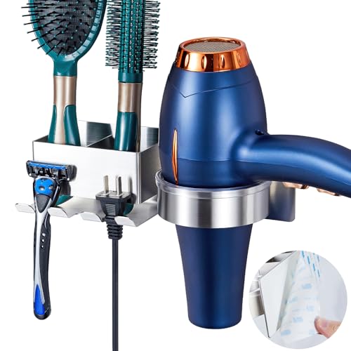 XILIMEN Hair Dryer Holder Wall Mounted, Blow Dryer Holder, Stainless Steel Hair Tool Organizer, Wall Hair Dryer Hook No Drilling, Adhesive Hairdryer Holder, Blowdryer Holder for Bathroom