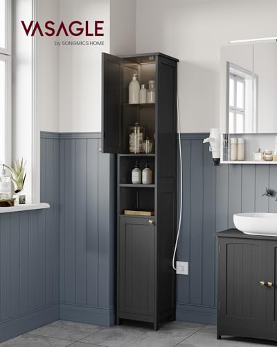 Image of VASAGLE Tall Storage Cabinet with Lights, Slim Freestanding Cabinet with Adjustable Shelves, for Small Spaces, Bathroom, Living Room, Modern, 11.8 Inches Wide, Ink Black UBBK566BC01S